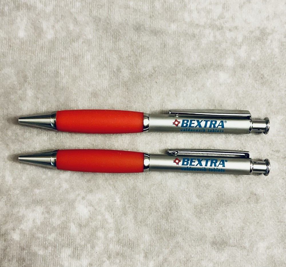 BEXTRA PHARMACEUTICAL REP PEN METAL RETRACTABLE REFILLABLE RED GRIP LOT OF 2