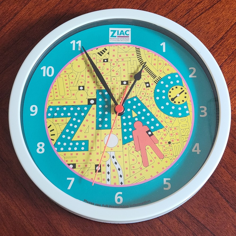 Ziac Pharmaceutical Drug Rep Promo 10″ Wall Clock Colorful Advertising- Works