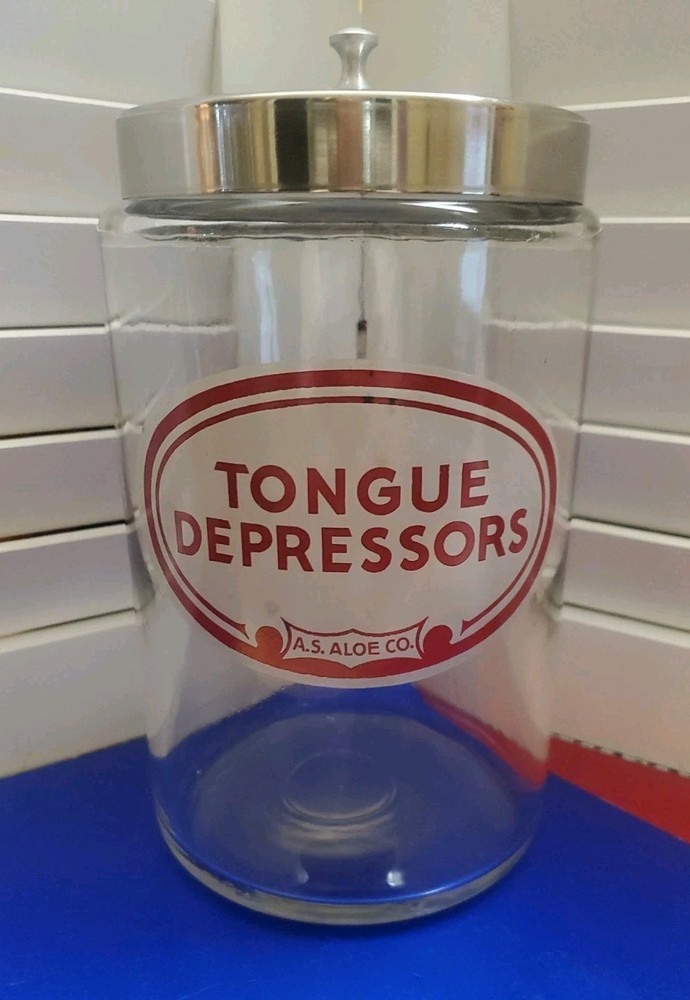 VTG AS Aloe Glass Tongue Depressor Apothecary Jar Profex Lid Medical USA 1950s