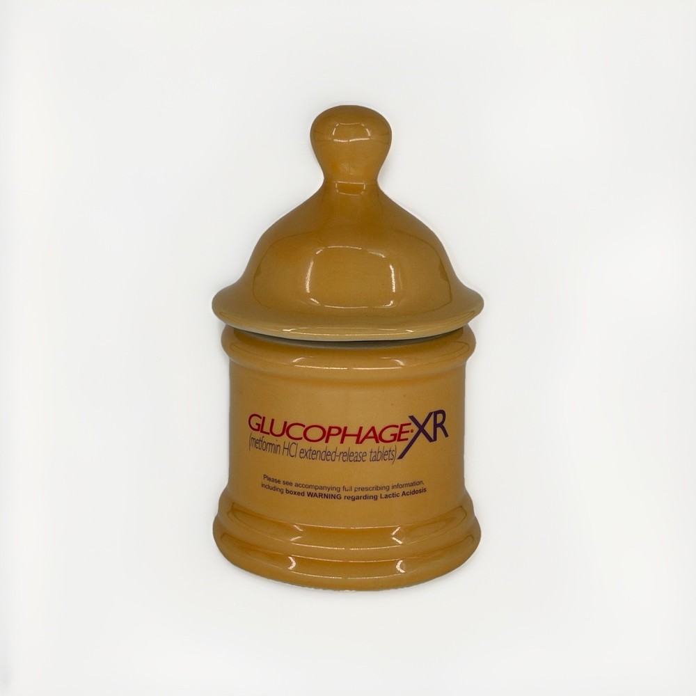 Vtg Glucophage XR Ceramic Promo Counter Jar w/ Lid 7” Pharma USA