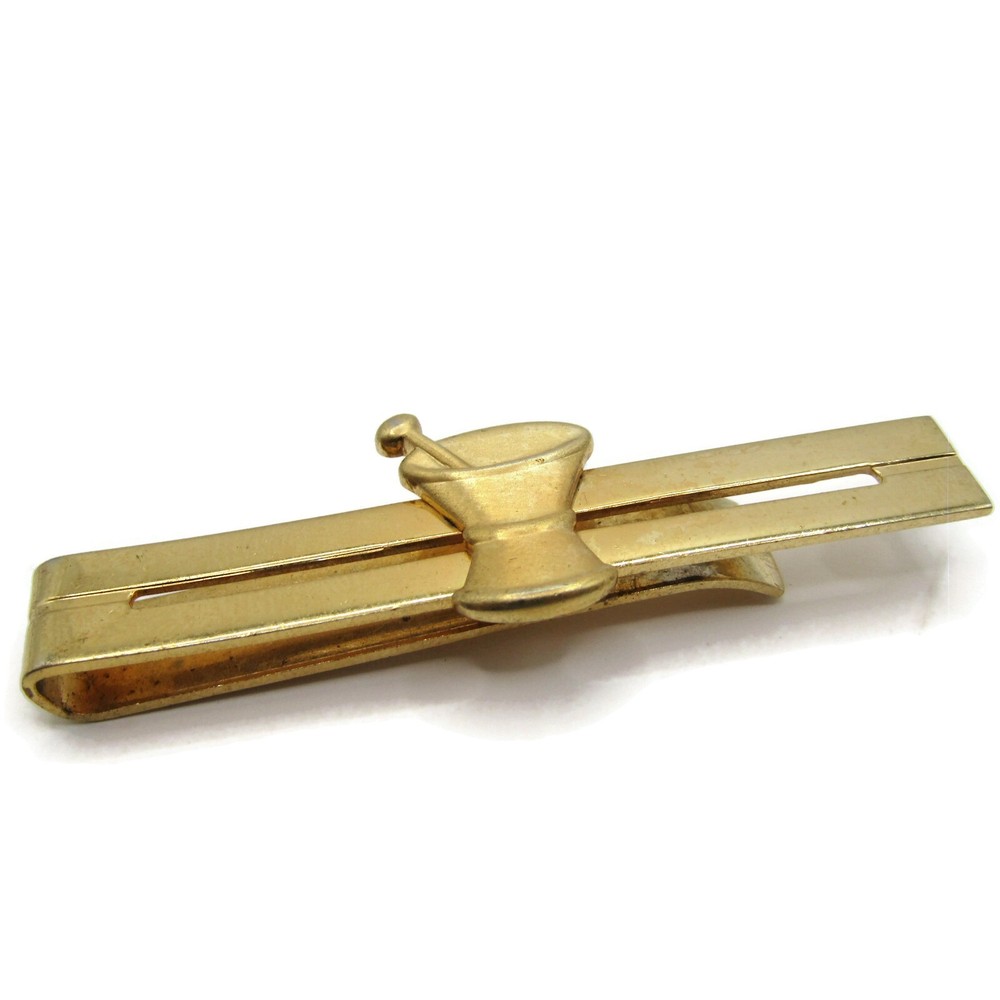 Pharmacy Apothecary Mortar & Pestel Tie Clip Tie Bar Vintage Gold Tone