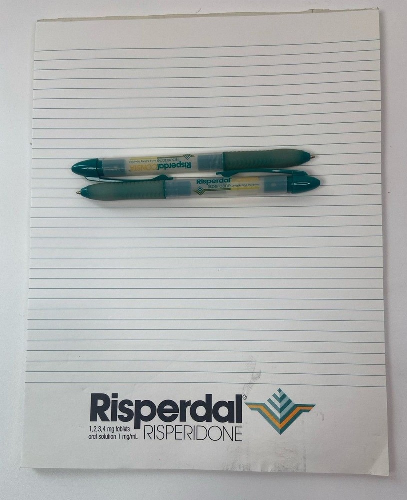 Lot of 2 Risperdal Medical Drug Rep Pharmaceutical Pens White Green And Notepad