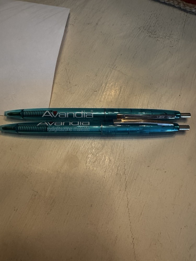 Avandia Pharmaceutical Drug Rep Pen Clear Blue Plastic Retractable Lot x2 New