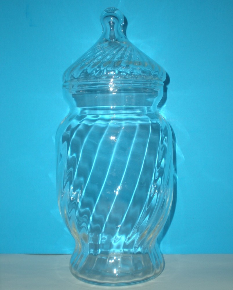 Vtg Apothecary Jar Swirl Glass with Lid 8 1/2″ tall Pharmacy