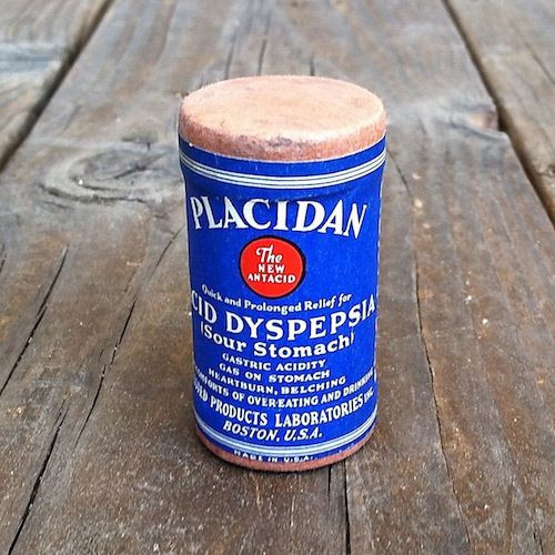 2 Vintage Original PLACIDAN ACID DYSPEPSIA Sour Stomach RX Medicine Bottle 1920s