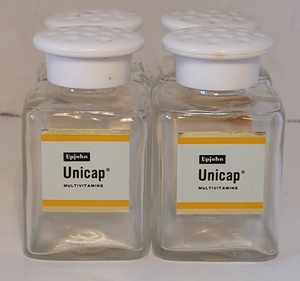 Lot Of 4 Vintage Upjohn Unicap Multivitamins Empty Bottles Collectible Jars Drug