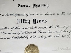 1941 GREEN’S PHARMACY Havre De Grace Maryland Chamber of Commerce 50 Year Award