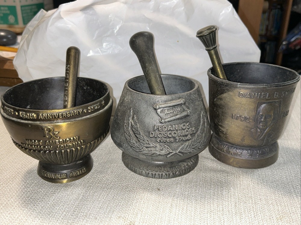 3x Vintage Coricidin Mortar & Pestle Brass Rx Pharmacy 1975,Daniel B Smith +