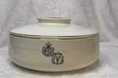 Vintage Apothecary RX Pharmacy Covered Dish Medical Crest Lidded Bowl Gold Trim