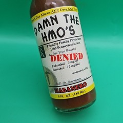Rare Pharmaceutical Drug Rep Hot Sauce Bottle „Damn The HMO’s“ Habanero 5 Oz