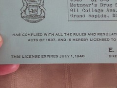 State of Michigan Narcotic License Expires July 1, 1940 – Grand Rapids, Michigan