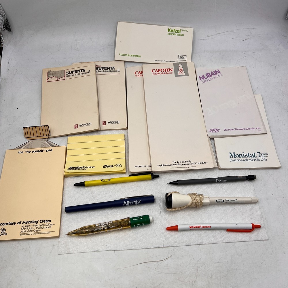 Vintage Pharmaceutical Drug Rep LOT Pens Note Pads Capoten Monistat Nubain Zanta