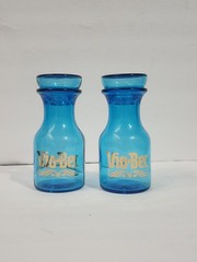 Vtg Set 2 Blue Glass Apothecary Jar Bottle Bubble Lid Belgium Gold Vio-Bec *Q