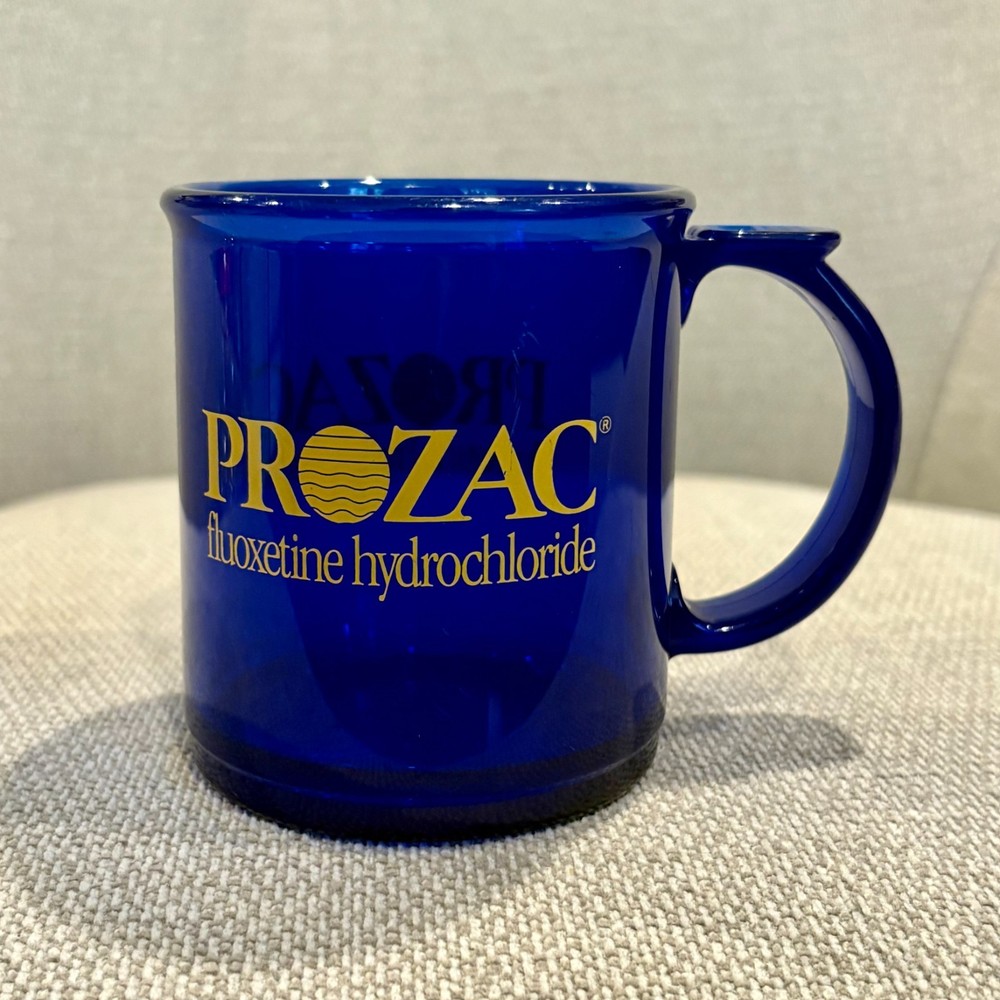 PROZAC 💊 Cobalt Blue Plastic Coffee Mug Cup Lilly 💊 Pharma Drug Advertising