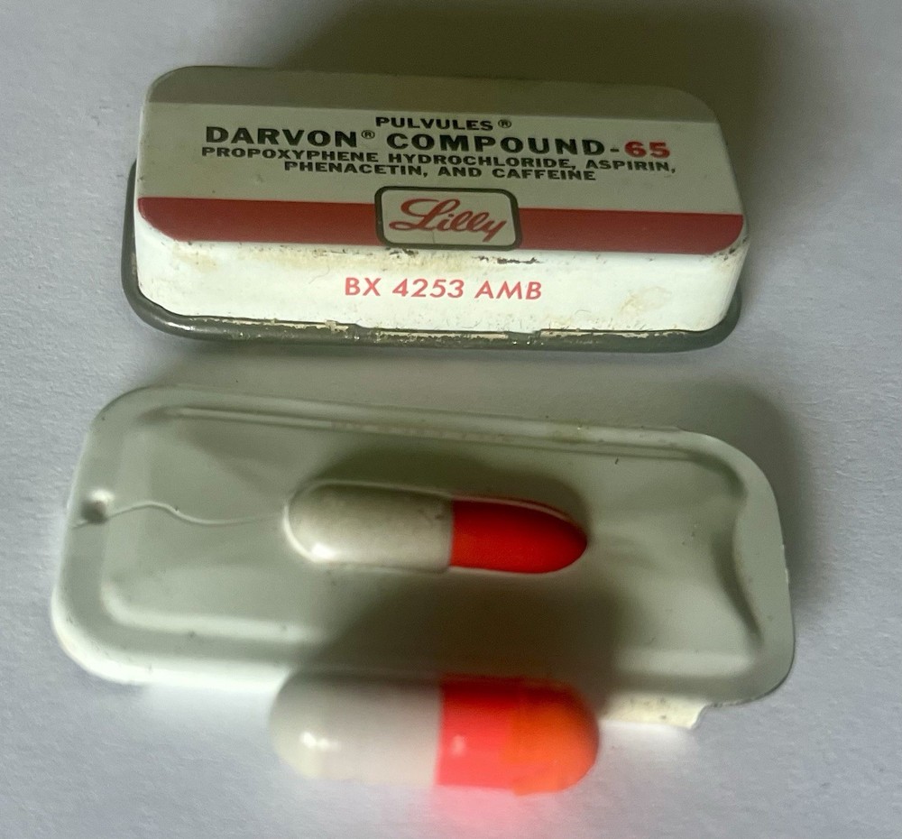 Lilly Pharmaceutical Darvon-65 Compound Pulvule Sample Tin with 1 Pulvule Inside