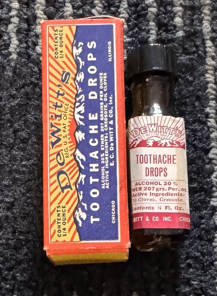 Vintage DeWITT’S TOOTHACHE DROPS with Original BOX Empty Bottle