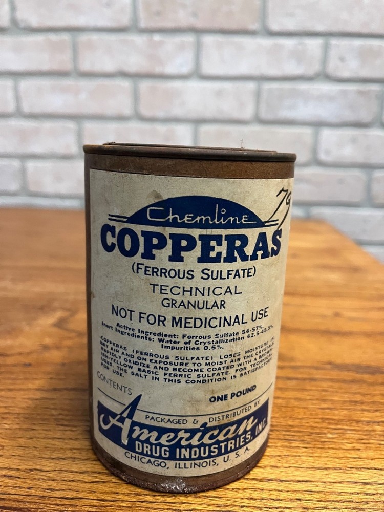 Vintage Chemline Copperas Granular Drug Store Jar Can w/ Contents