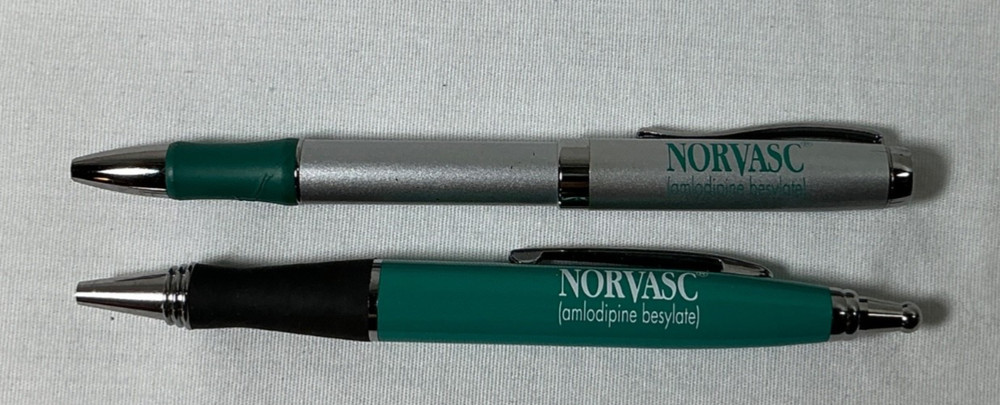 Pharmaceutical Drug Rep Promo Pens: Pfizer Norvasc, Lot of 2 Metal Pens