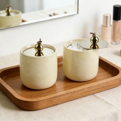Ceramic Qtip Holder Dispenser with Gold Lids 2 Pack, Yellow Apothecary Jars B…
