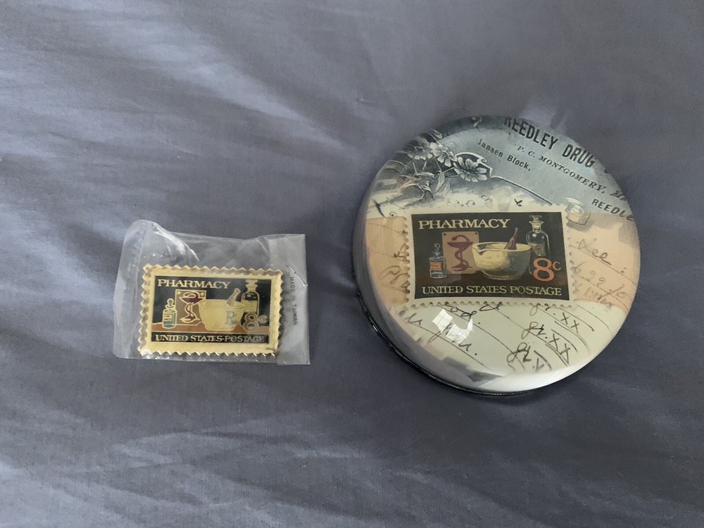 Pharmacy 1972 8-cent Stamp Paperweight and Pin (used)