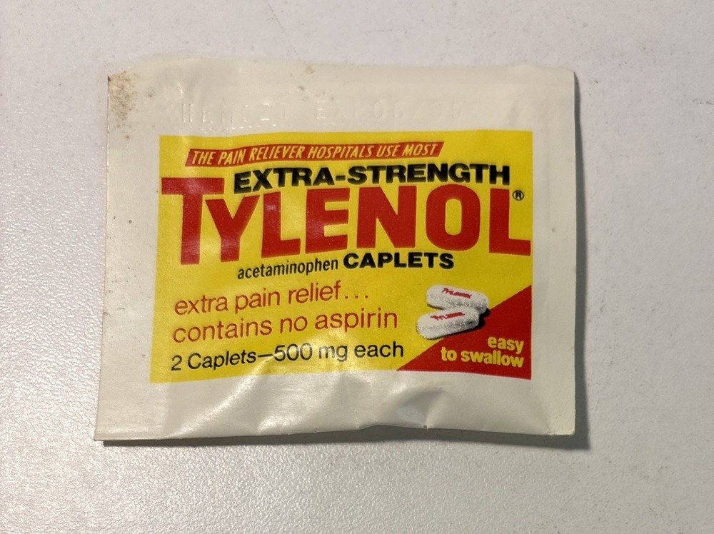 VINTAGE EXTRA STRENGTH TYLENOL CAPLETS Pouch Package 1986 Packet of 2 Caplets