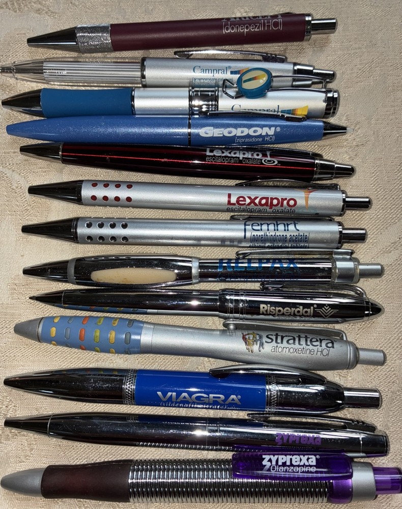 Lot 15 Vintage heavy metal Pharmaceutical Rep Pens: viagra, Campral and more!