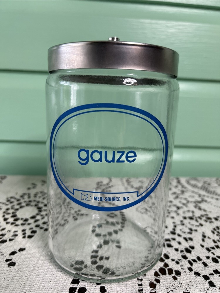 Grafco Medical Apothecary Glass Jar stainless Lid blue letters Gauze