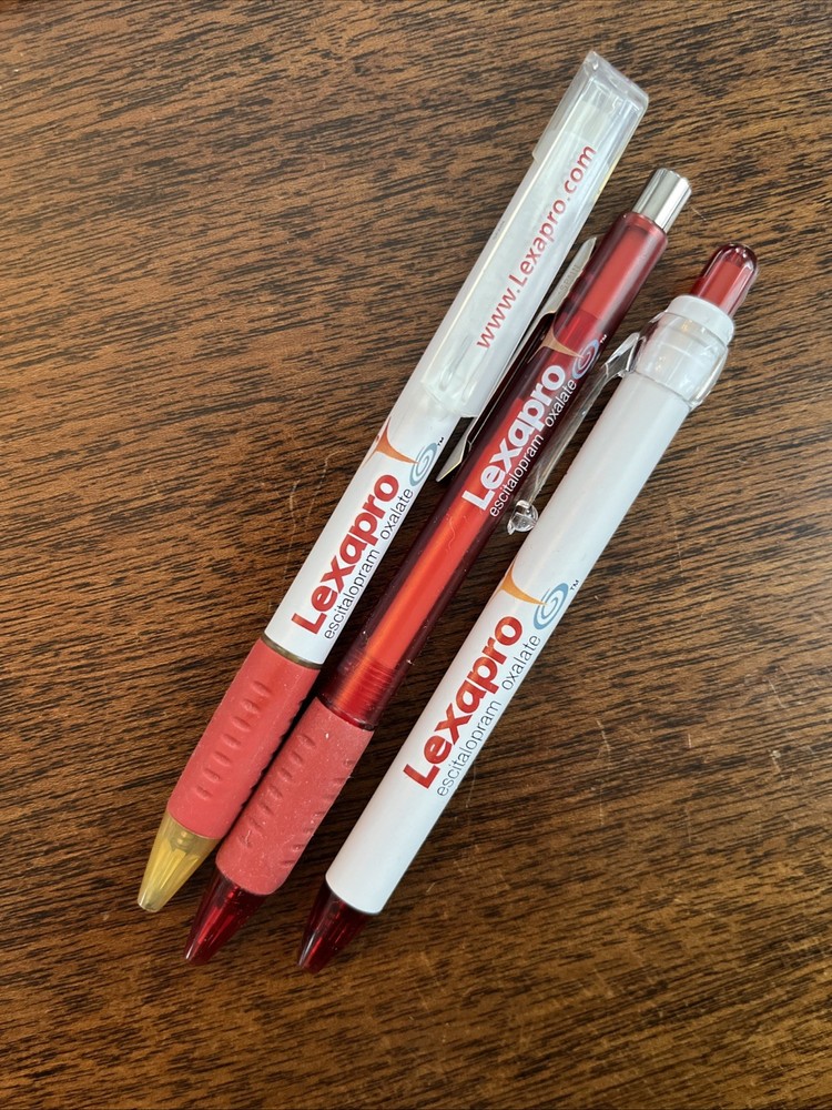 Lot of 3 Lexapro Medical Drug Rep Pharmaceutical Pens Red Grip White Gold Forest