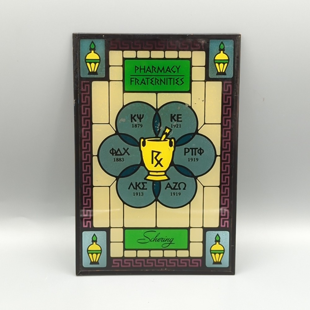 Schering Pharmacy Fraternities Vintage Stained Glass Panel Advertising 9x6x1/4”