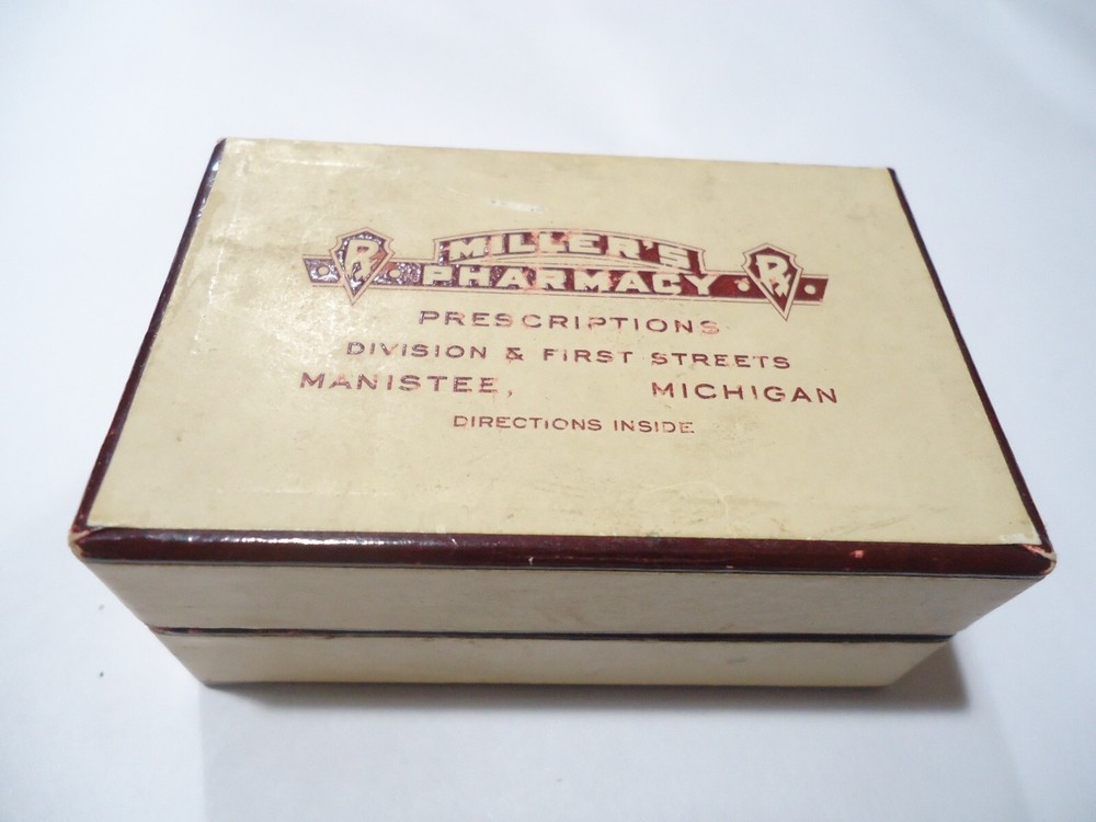Cardboard MILLER’S PHARMACY Manistee Prescription Drug Pill Hinged Box .Ogilvie.