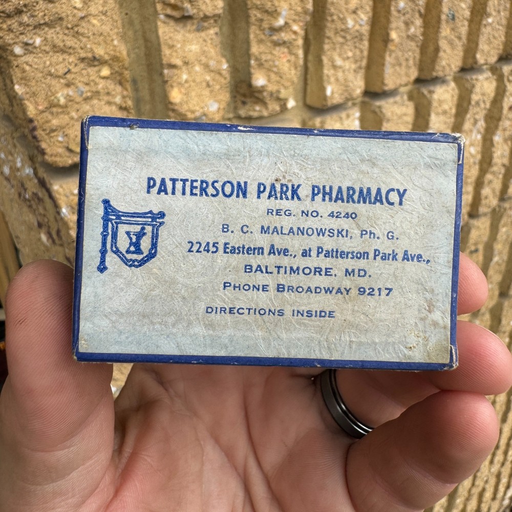 VTG c.1950s PATTERSON PARK PHARMACY Baltimore, MD Prescription Pill Box EMPTY