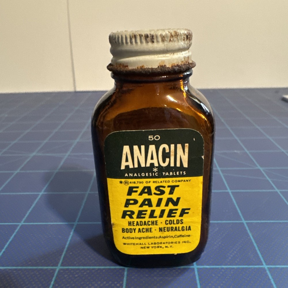 VINTAGE 1950s ANACIN WHITEHALL ASPIRIN BOTTLE – GOOD CONDITION NICE LABELS.
