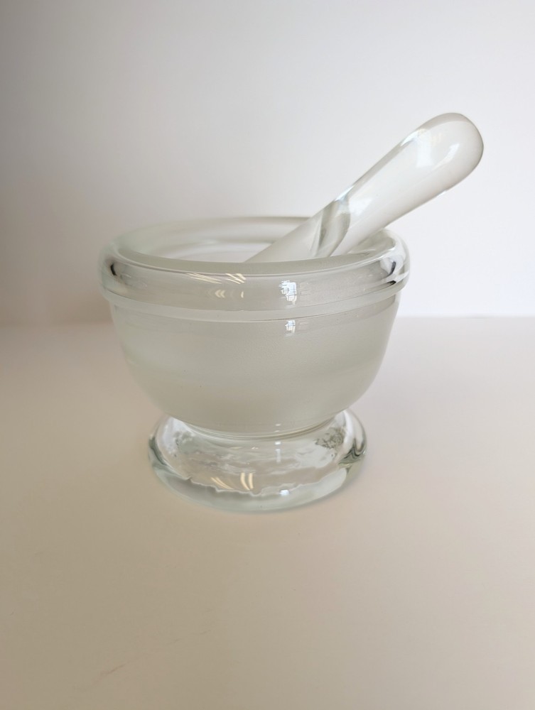 Heavy Clear /Satin Glass Mortar & Pestle Set Hand‑Blown 1940s VTG