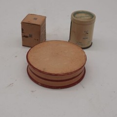 Vintage medicine cabinet packaging, cotton pellets, floss, lozenges, paper, meta