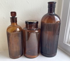 Three Antique Amber Glass Apothecary Medicine Bottles + Labels, Stopper & Cork