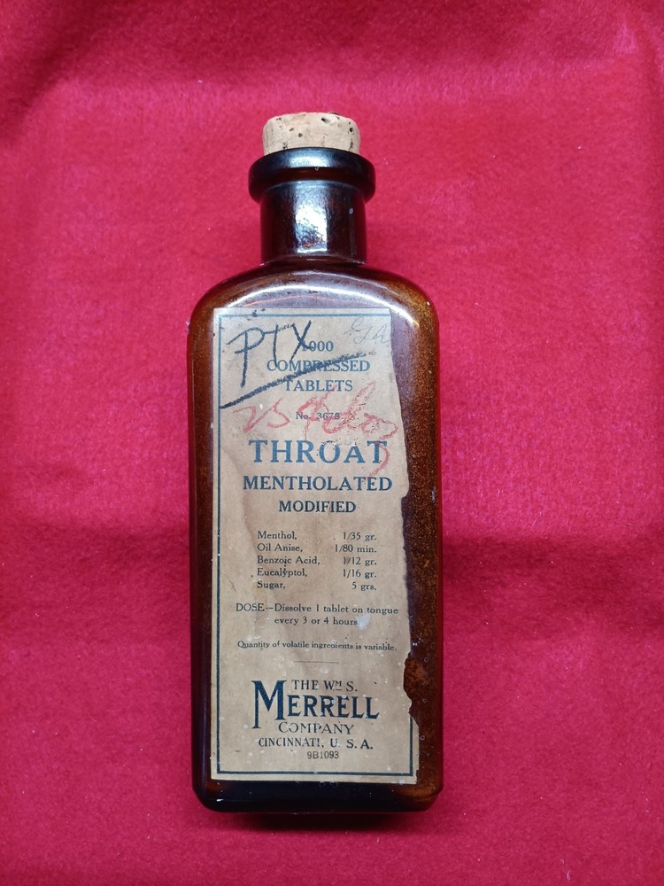 Vintage Collectible Americana Apothecary Bottle Throat Mentholated Tablets