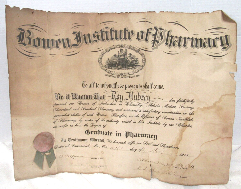 Vtg Bowen Institute of Pharmacy Graduation Certificate Nov. 14, 1919 Roy Aubrey