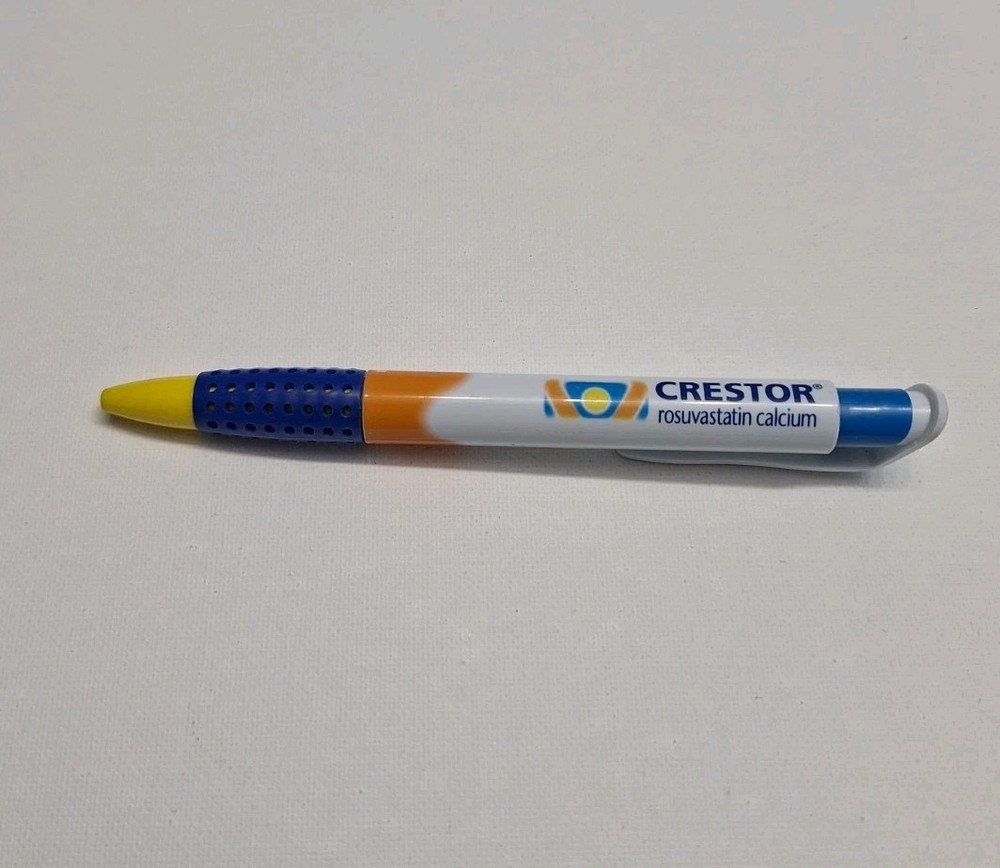 Crestor Drug Rep Pen Black Ink Works Blue Comfort Grip Yellow Tip