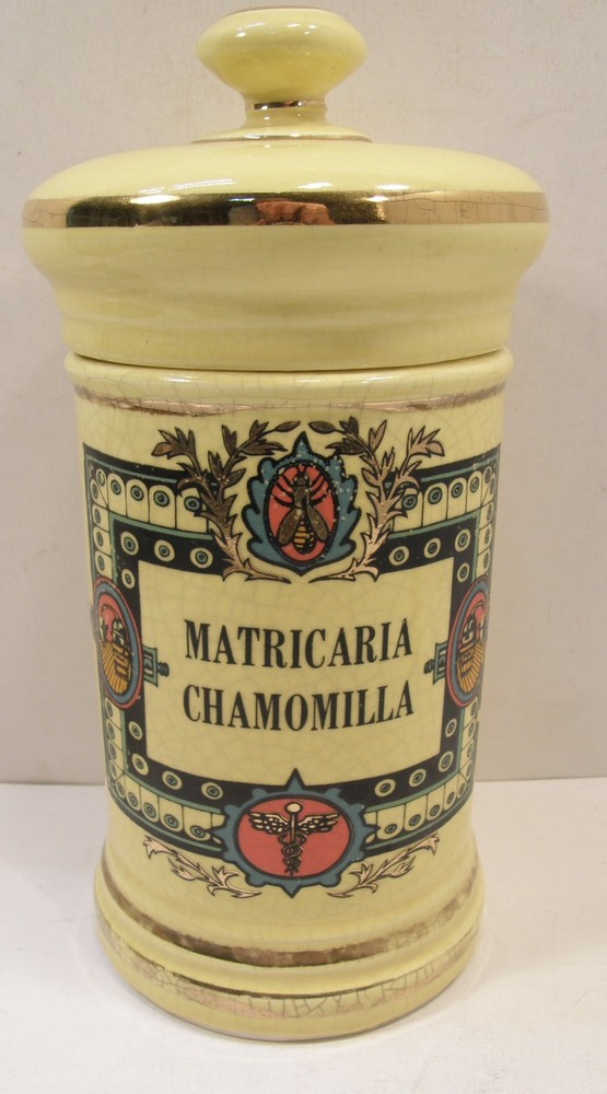 VINTAGE CERAMIC POTTERY APOTHECARY JAR W/LID MATRICARIA CHAMOMILLA PHARMACY