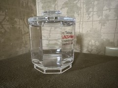 Vintage Ryatan Clear Acrylic Storage Container Drug Rep Ad 4.5” Tall