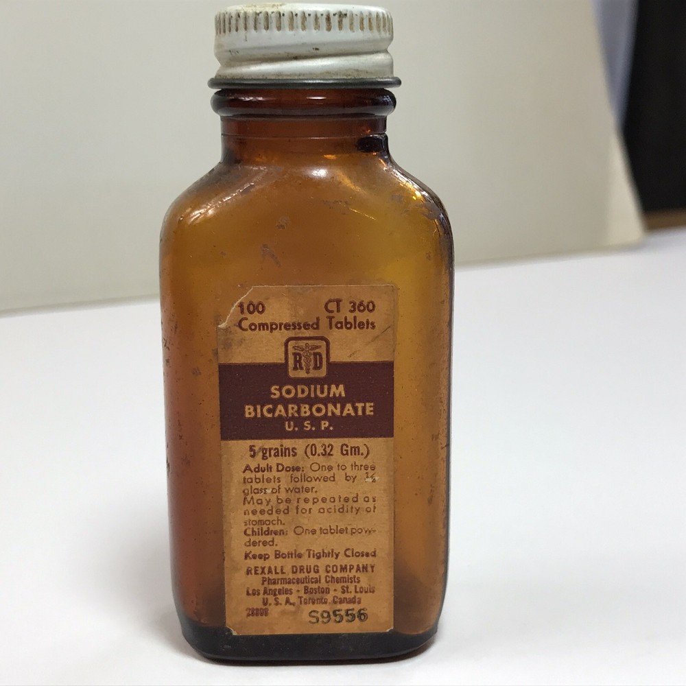 VINTAGE Rexall Pharmacy Amber Apothecary Bottle for Sodium Bicarbonate Metal Cap