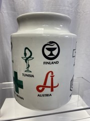NOVOPHARM PORCELAIN PHARMACY CANISTER APOTHECARY JAR No Lid⚕️ WORLD RX LOGOS B5