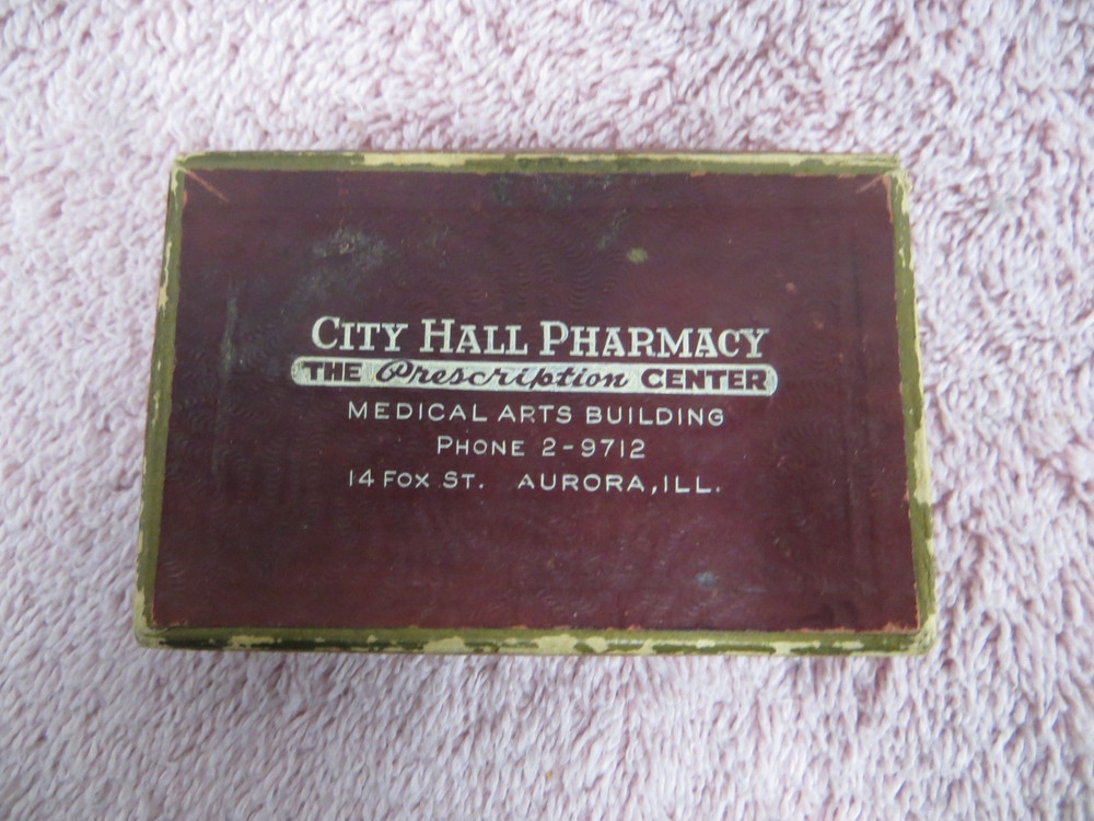 Vtg 1950 Pill Box- City Hall Pharmacy-Dreyer Denney Milbacher Gardner,Aurora, IL