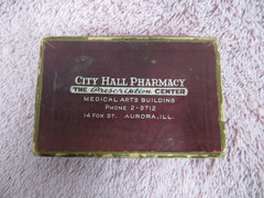 Vtg 1950 Pill Box- City Hall Pharmacy-Dreyer Denney Milbacher Gardner,Aurora, IL