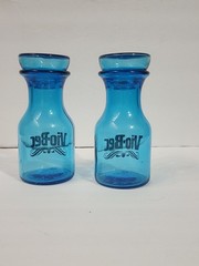Vtg Set 2 Blue Glass Apothecary Jar Bottle Bubble Lid Belgium Gold Vio-Bec *Q