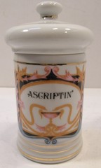 VINTAGE PORCELAIN ASCRIPTIN APOTHECARY PHARMACY JAR W/LID DRUG REP PHARMA