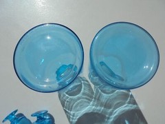 Pr Vintage Blue Glass Apothecary Jars Made in Portugal Ground Stoppers 8 3/8″
