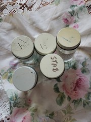 Vtg Pharmacy Product Jars Clear Glass, With Labels, Group Of Five
