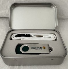 VTG NAMENDA USB FLASH DRIVE + LANYARD SET in METAL TIN PHARMA REP LOGO NEW