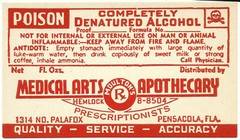 1 Antique Pharmacy Label DENATURED ALCOHOL Medical Arts Apothecary Pensacola